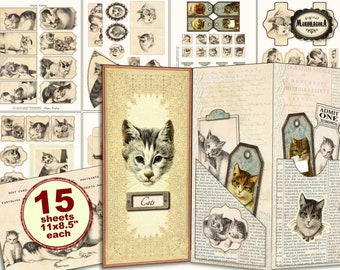Vintage Cats Junk Journal Kit: Foldable Papercraft Embellishments (Digital Download)