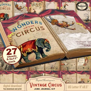 Vintage circus junk journal kit, circus journal pages, junk journal embellishments, circus fussy cuts,  digital instant download