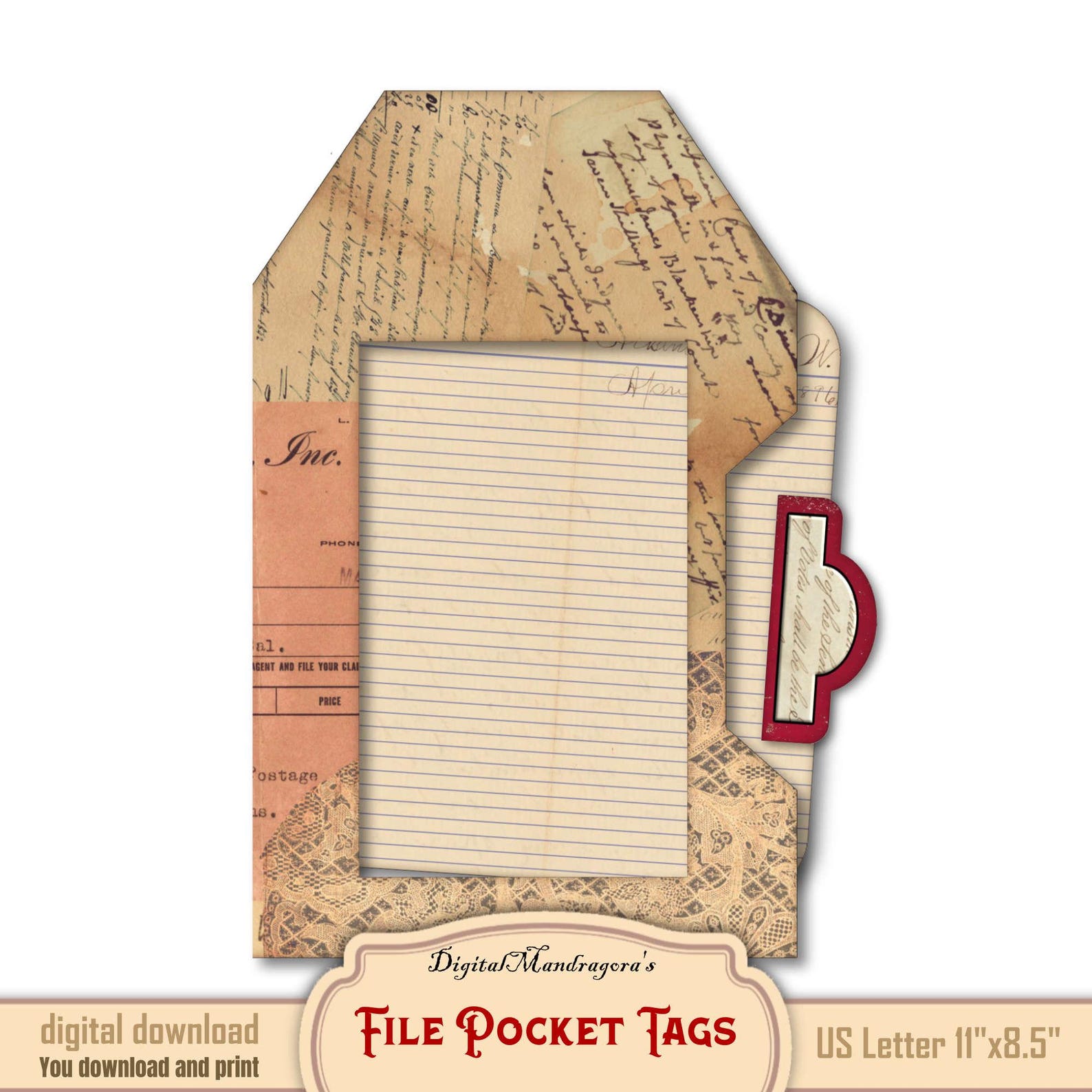 Vintage File Pocket Tags: Printable Junk Journal Embellishments Cut-out ...