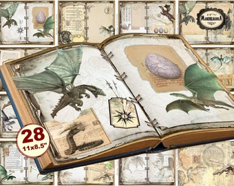 Magical Dragons junk journal kit, dragons journal, journal ephemera,  dragon scrapbook, dragons papers, dragons print, digital download