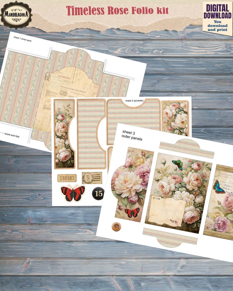 Vintage Floral Junk Journal Folio Kit – Shabby Romantic Roses Ephemera ...