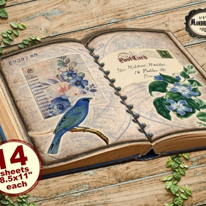 Botanical junk journal , vintage ephemera double pages, floral junk journal with blue flowers, instant digital download