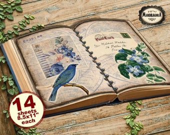 Botanical Junk Journal Pages: Vintage Ephemera, Blue Flowers (Digital Download)