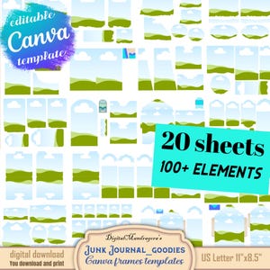 Könnte beinhalten: Eine digitale Canva-Vorlage mit verschiedenen Rahmen und Elementen für Junk-Journals. Das Bild enthält den Text "20 sheets 100+ ELEMENTS" und "US Letter 11"x8.5". Das Design zeigt blaue Himmel, grüne Hügel und weiße Wolken.