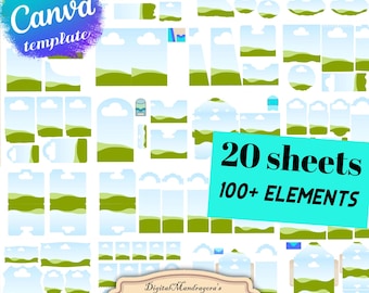 May include: A digital download Canva template with various frames and elements for junk journals. The image includes the text "20 sheets 100+ ELEMENTS" and "US Letter 11"x8.5". The design features blue skies, green hills, and white clouds.