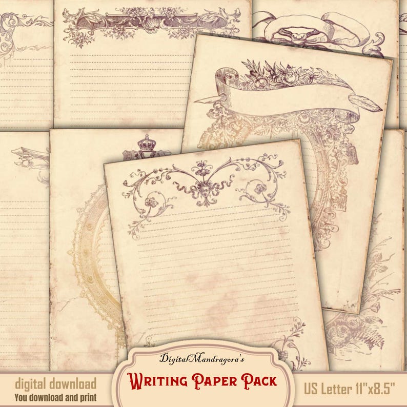 May include: A set of printable writing paper featuring vintage-inspired designs with ornate borders and floral accents. The paper is cream-colored with brown lines and is sized for US Letter paper (11 inches by 8.5 inches).