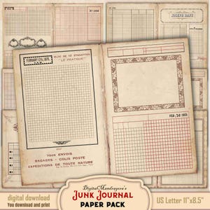 Antique Grid Paper Digital Download - Vintage Aged Vintage Journal Pages - Printable Junk Journal Ephemera for Scrapbooks & Crafts