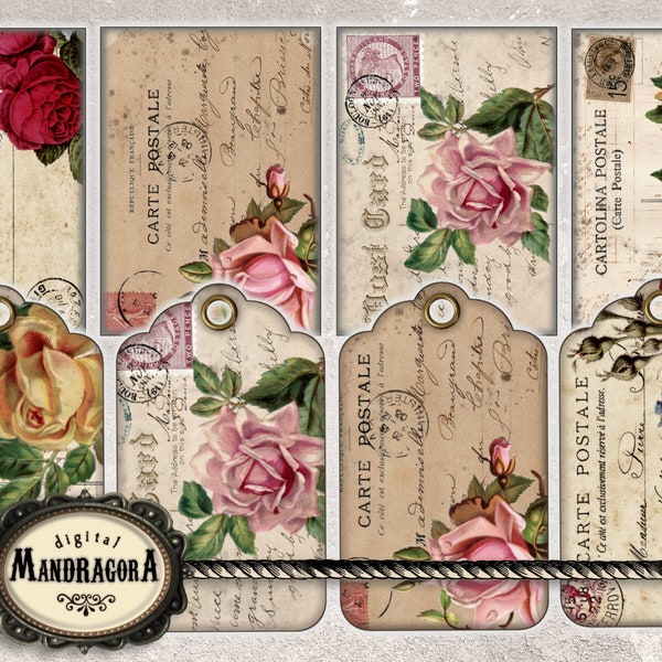 French cottage chic small postcards and gift tags, digital instant easy download, vintage scrapbooking, shabby  roses, rose cards