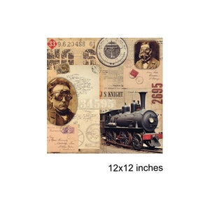 May include: A vintage-style collage featuring a black steam locomotive with red accents, a man wearing goggles, and various numbers and text. The image has a brown and cream color scheme and is 12x12 inches.