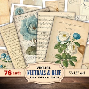 Printable Junk Journal Cards: Neutral Blue Floral Ephemera (Digital Download)