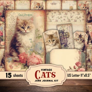 Vintage Cats Junk Journal Kit Digital Prints : Ephemera collage Foldable Pages, Cards, Hanging Tags with Antique Kittens for Journaling