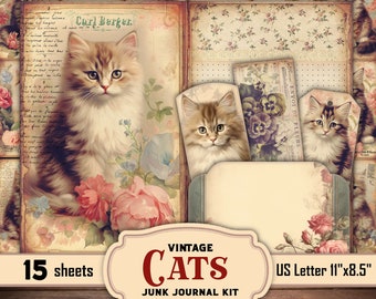 Vintage Cats Junk Journal Kit Digital Prints : Ephemera collage Foldable Pages, Cards, Hanging Tags with Antique Kittens for Journaling