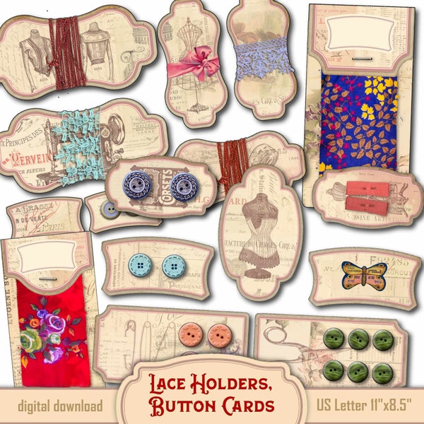 Lace holders, button cards, ribbon spools , fabric samples label, sewing organizer, paper craft, digital download