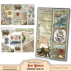 Sea World vintage ephemera folding folio craft kit, Nautical Folding folio mini project, Printable loaded folio pocket journal with cards