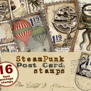 Steampunk faux postage stamps, vintage stamps, Victorian scrapbooking stamps, junk journal embellishments, digital download