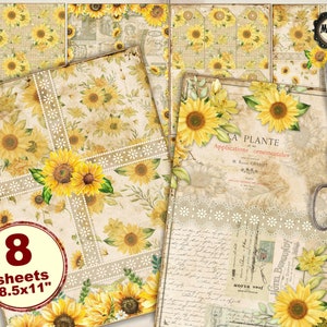 Sunflowers decorative paper pack, sunflower prints, sunflower scrapbook,  junk journal kit, floral ephemera paper pack, digital download