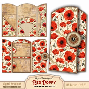 Vintage Poppy Ephemera Tri-fold  Loaded Folder Folio Kit, Botanical Junk Journal Digital Printable with Journal Pockets, Cards Journal Tags