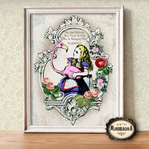 Alice with Flamingo, Alice in Wonderland 8.5x11&quot; image with quote, printable instant digital download, decoupage, wall hanging, for framing