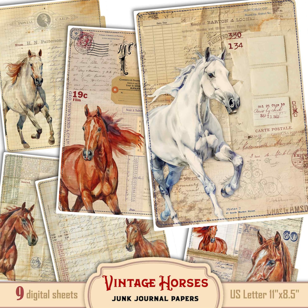 Horses Equestrian Ephemera Grunge Junk Journal Paper Pack, Tabs ...