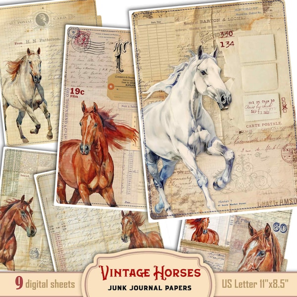 Horses equestrian ephemera grunge junk journal paper pack, tabs, scrapbook supplies, distressed vintage digital collage sheets with animals