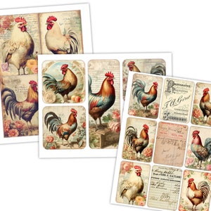 Farmhouse Vibes Printable Journaling Kit - Vintage Roosters & Shabby Cottage Core - Digital Junk Journal Supplies