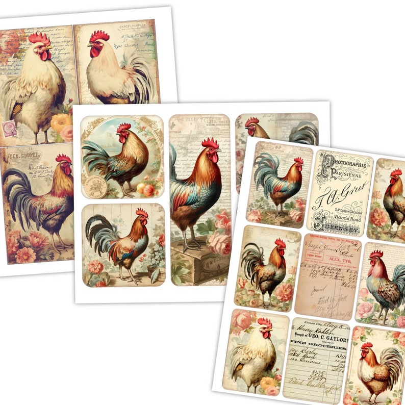 Farmhouse Vibes Printable Journaling Kit - Vintage Roosters & Shabby Cottage Core - Digital Junk Journal Supplies