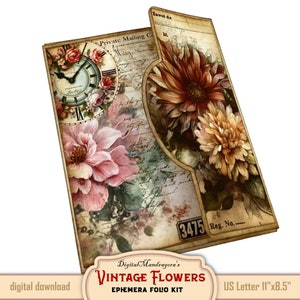 May include: Vintage floral ephemera folio kit with a clock, flowers, and handwritten text. The kit is designed for use with US Letter size paper, measuring 11 inches by 8.5 inches.