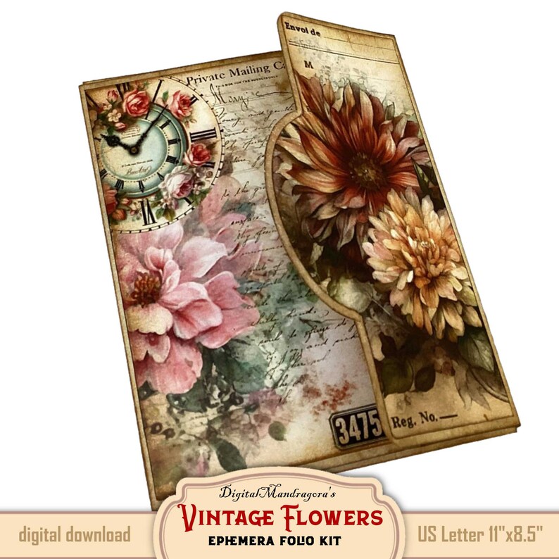 May include: Vintage floral ephemera folio kit with a clock, flowers, and handwritten text. The kit is designed for use with US Letter size paper, measuring 11 inches by 8.5 inches.