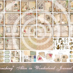 May include: A digital scrapbooking kit featuring Alice in Wonderland themed images. The kit includes pages, embellishments, and other elements for creating a journal or scrapbook. The kit is designed in a vintage style with a whimsical and charming aesthetic.