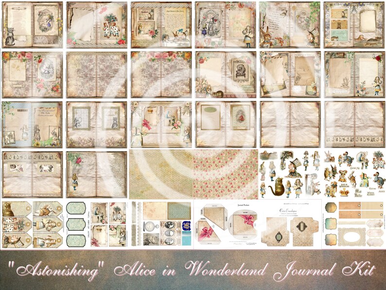 May include: A digital scrapbooking kit featuring Alice in Wonderland themed images. The kit includes pages, embellishments, and other elements for creating a journal or scrapbook. The kit is designed in a vintage style with a whimsical and charming aesthetic.