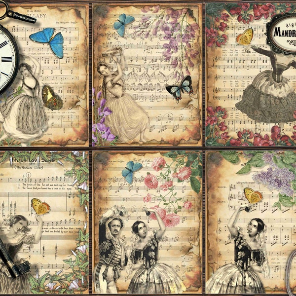 Old vintage music sheet cards, dancers, music sheets for junk journaling, music sheets for crafts, floral sheet music, digital download