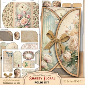 Shabby Floral Folio Kit, Vintage Digital Printable Journal, Scrapbooking Ephemera, Pastel Roses, Antique Papers, Tags, Pockets, Paper Craft