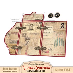 Vintage loaded folio ephemera kit for DIY paper crafts, digital download