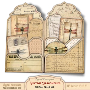 Vintage Dragonfly Ephemera Loaded Folder,  Easy DIY Junk Journal Digital Printable Kit, Instant download, Insects