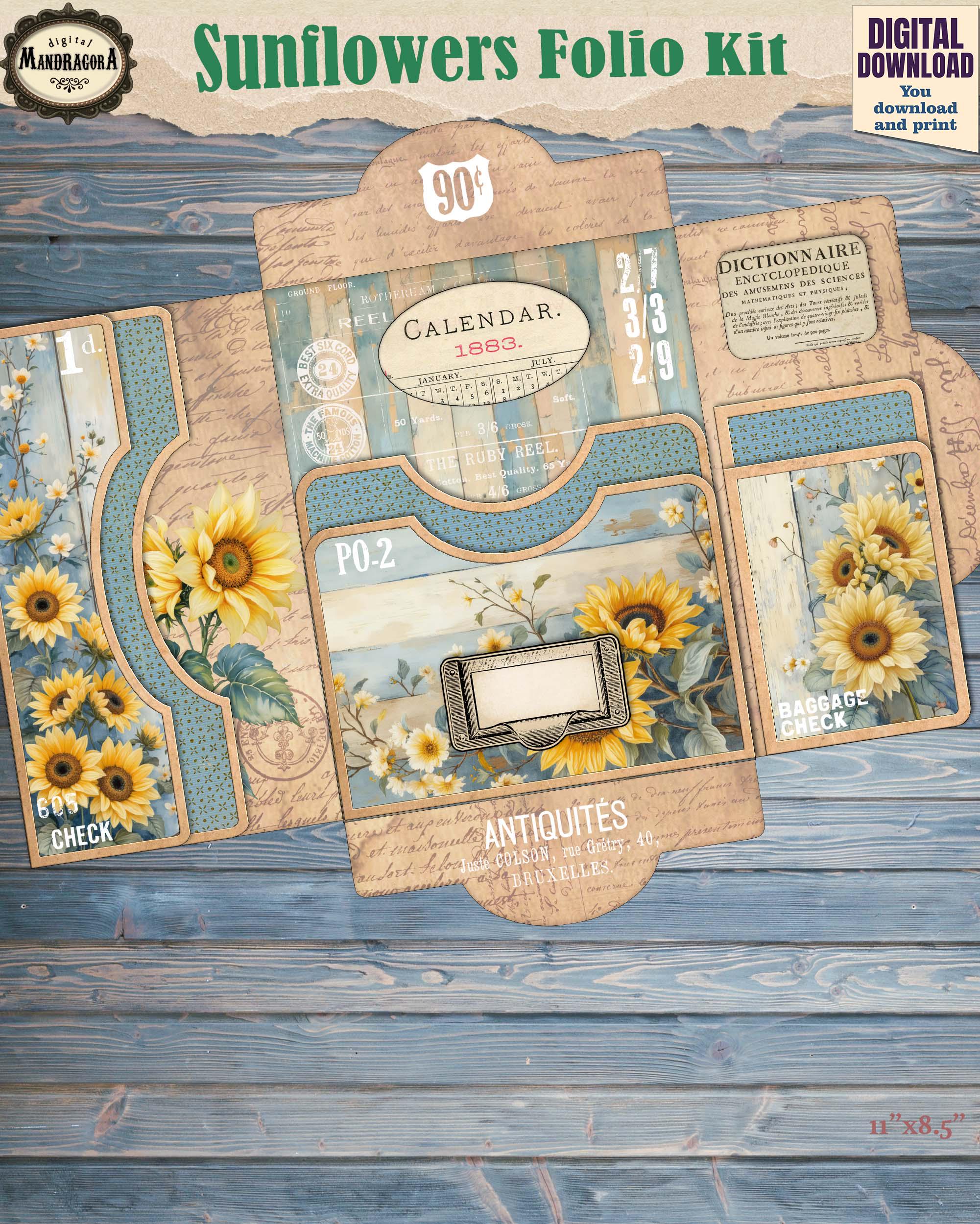 Printable Sunflower Junk Journal Folio Kit – Vintage Floral Ephemera ...