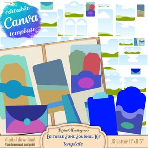 Könnte beinhalten: Eine digitale Junk-Journal-Kit-Vorlage mit verschiedenen bunten Papierelementen, darunter Tags, Taschen und Umschläge. Die Canva-Vorlage hat das US-Letter-Format, 27,94 cm x 21,59 cm. Der Text "editable Canva template" und "digital download" ist enthalten.