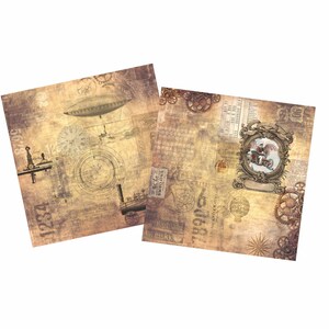May include: Two vintage-style paper squares with a steampunk theme. One square features a drawing of an airship, gears, and numbers. The other square features a drawing of a winged creature in a circular frame, gears, and numbers.