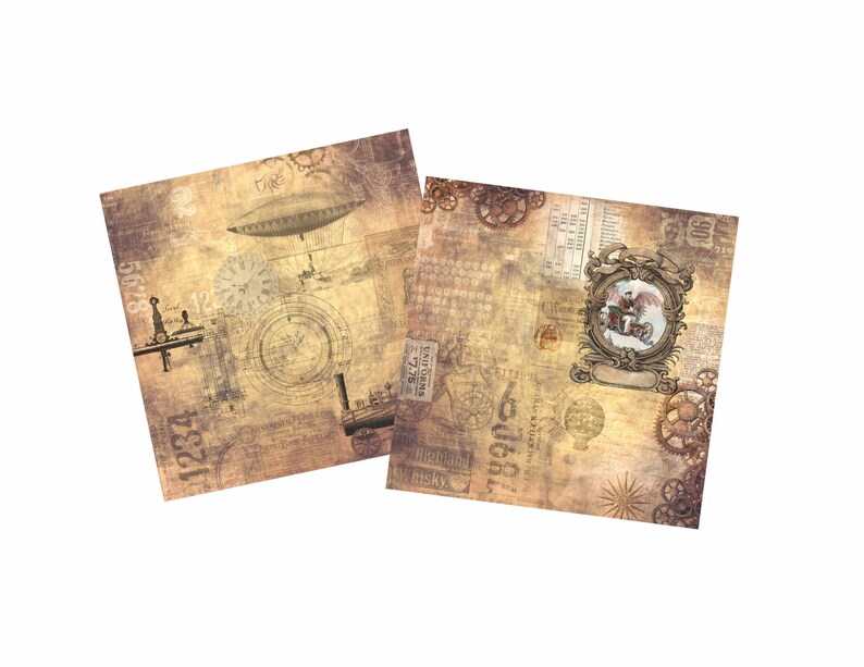 May include: Two vintage-style paper squares with a steampunk theme. One square features a drawing of an airship, gears, and numbers. The other square features a drawing of a winged creature in a circular frame, gears, and numbers.