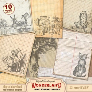 Alice in Wonderland writing papers, Alice writing paper, vintage Alice stationery, junk journal paper, ledger paper, digital download