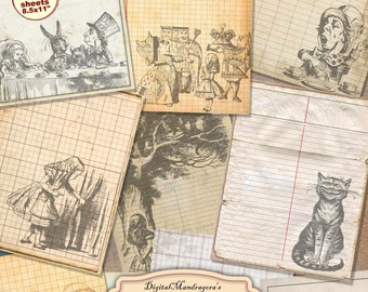 May include: A digital download of 10 printable junk journal papers featuring illustrations from Alice in Wonderland. The papers are 8.5 inches by 11 inches and are designed for use in junk journals, scrapbooks, and other paper crafts.