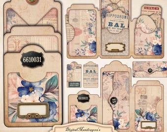 Peut inclure: Un kit de folio floral imprimable numérique pour le scrapbooking ou la fabrication de cartes. Le kit comprend 10 designs différents avec des motifs floraux, du texte vintage et une variété de poches et de rabats. Le kit est conçu pour s'adapter au papier de format lettre US, 27,9 cm par 21,6 cm.