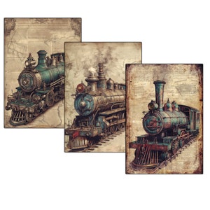digital download steam locomotive, nostalgic train, Victorian Steampunk, dieselpunk cards, steam fantasy, Victorian traveling, steam transport, steampunk printable, junk journaling, journal cards, digital steampunk, vintage steam trains,