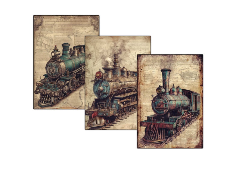 digital download steam locomotive, nostalgic train, Victorian Steampunk, dieselpunk cards, steam fantasy, Victorian traveling, steam transport, steampunk printable, junk journaling, journal cards, digital steampunk, vintage steam trains,