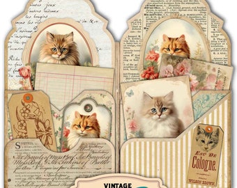 Vintage Cats Folio Kit, Easy DIY Junk Journal Digital Printable Cards, For Cat Lovers, Journaling Ephemera Hanging Tags, Cottagecore Prints