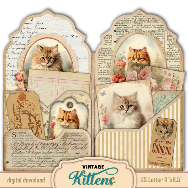 Vintage Cats Folio Kit, Easy DIY Junk Journal Digital Printable Cards, For Cat Lovers, Journaling Ephemera Hanging Tags, Cottagecore Prints