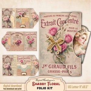 Shabby Folio Kit, Floral Junk Journal, Trifold Ephemera Folder with Pockets, Tags & Labels, Digital Download Printable PDF