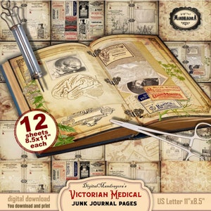 Medical junk journal, Victorian pharmacy junk journal double pages, scrapbooking journal pages, junk journal, instant digital download