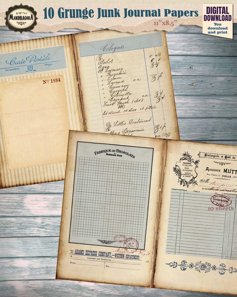 Vintage Grunge Ledger Junk Journal Pages – Printable Stained Paper Pack ...