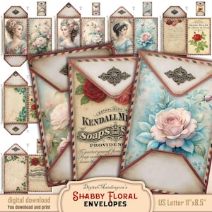 Shabby floral coin envelope set foldable vintage roses printable junk journal ephemera digital paper Victorian stationery kit