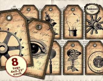 Steampunk Victorian Tags: Printable Scrapbook Embellishments (Digital Download)
